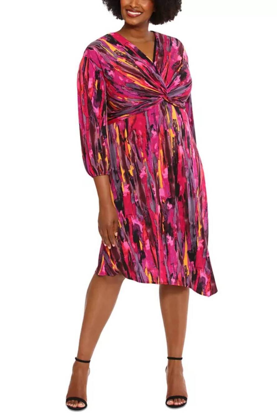 NEW MAGGY LONDON abstract twisted-knot a-line dress in berry multi